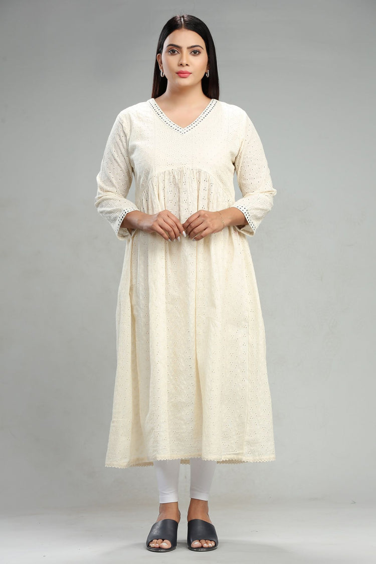 Cream Cotton A Line Gathered Kurta