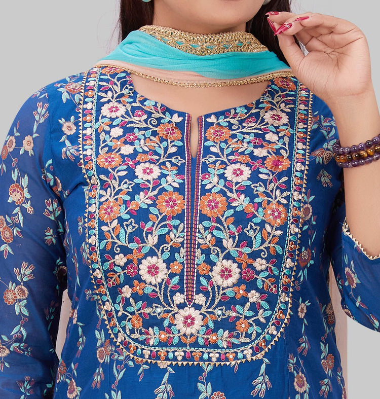 Kenzie Royal Blue Cotton Chanderi Embroidered Suit Set