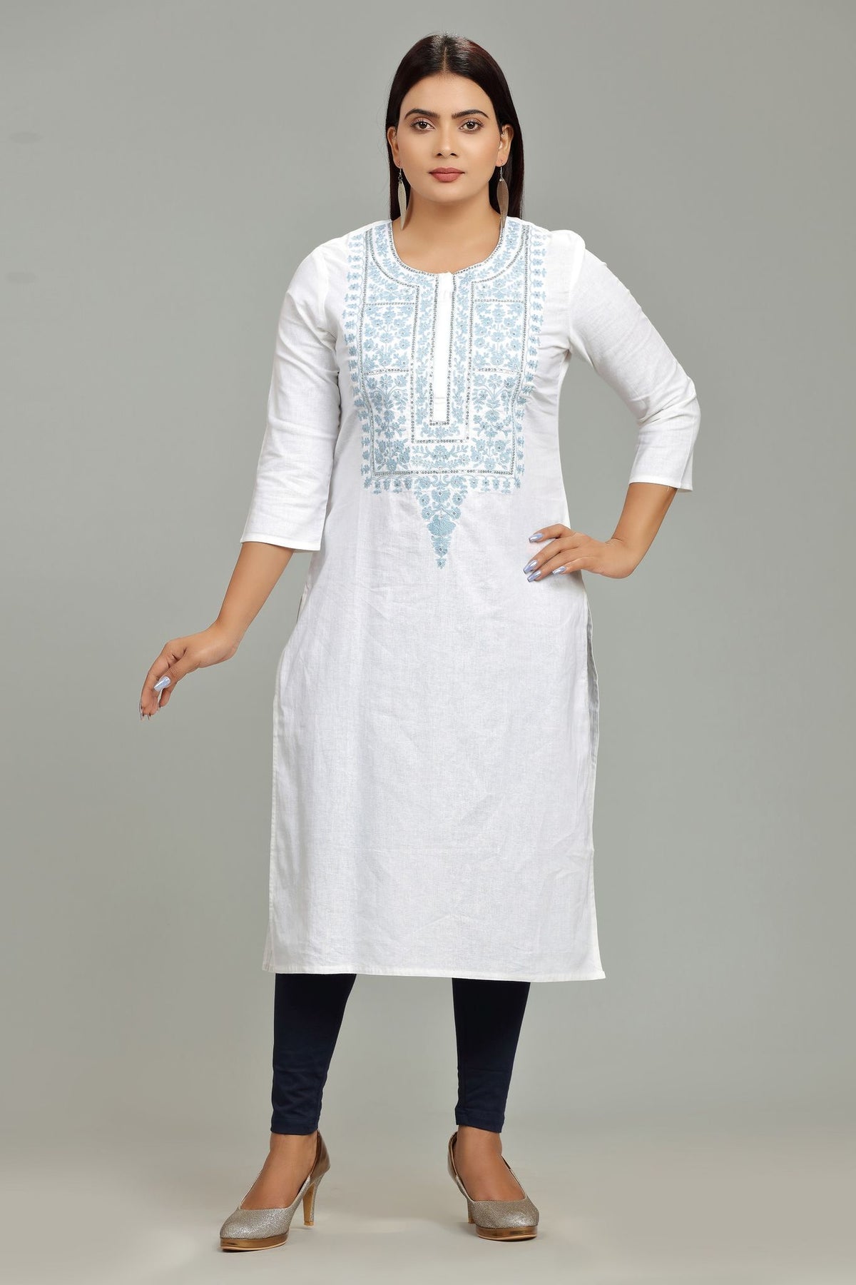 Khudrah White Cotton Embroidered Straight Kurti