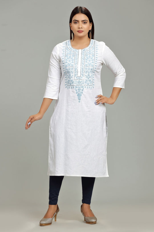 Khudrah White Cotton Embroidered Straight Kurti