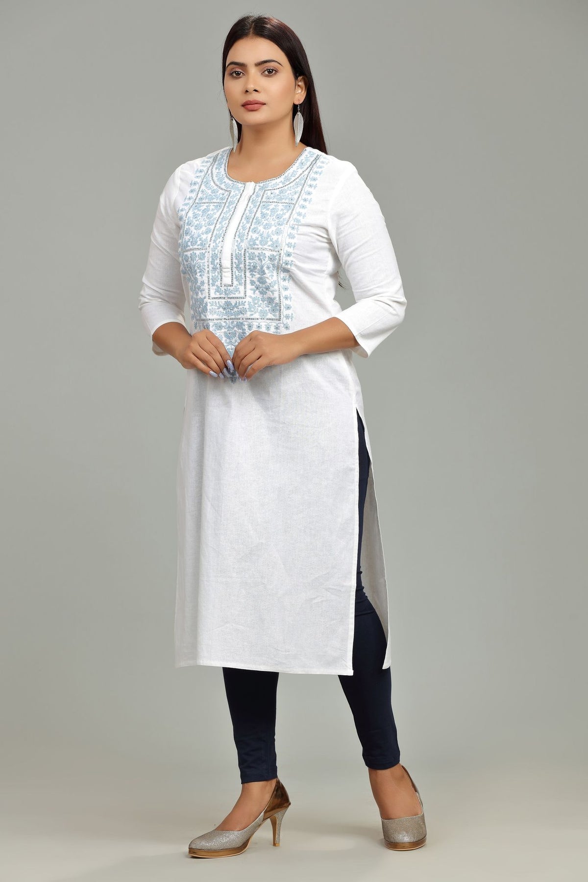 Khudrah White Cotton Embroidered Straight Kurti