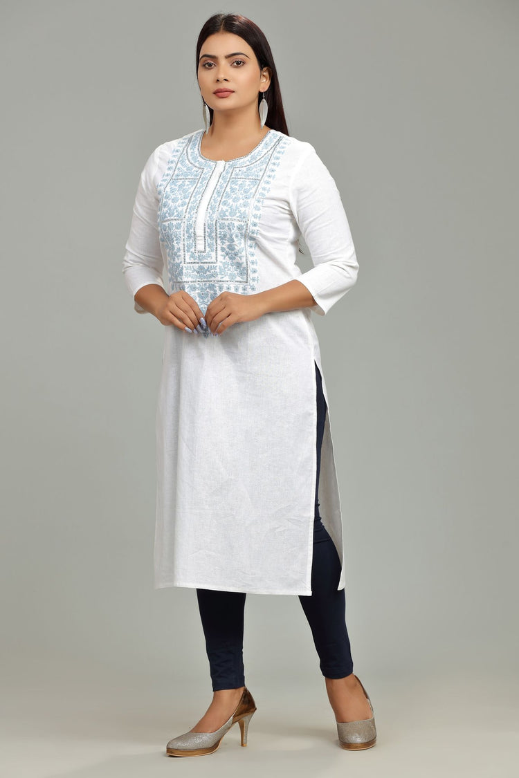 Khudrah White Cotton Embroidered Straight Kurti