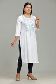 Khudrah White Cotton Embroidered Straight Kurti