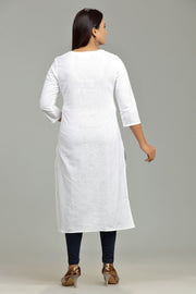 Khudrah White Cotton Embroidered Straight Kurti