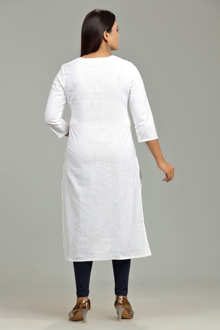 Khudrah White Cotton Embroidered Straight Kurti