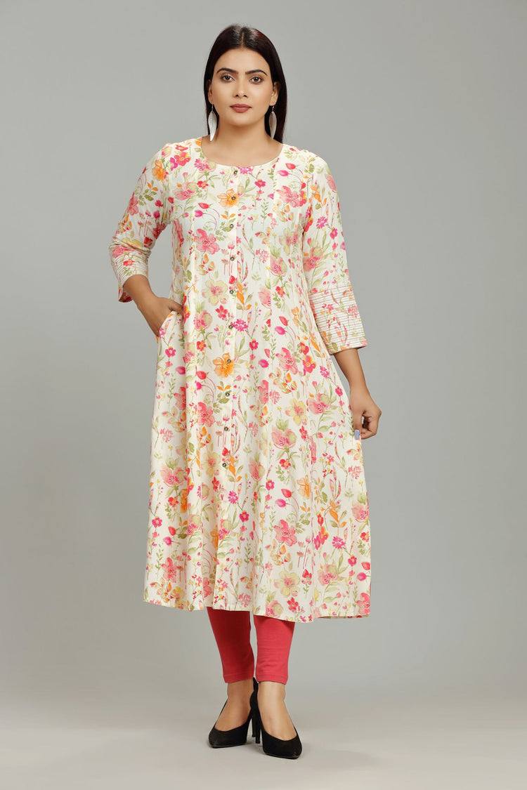 Lata Off White & Orange Rayon A-Line Kurta