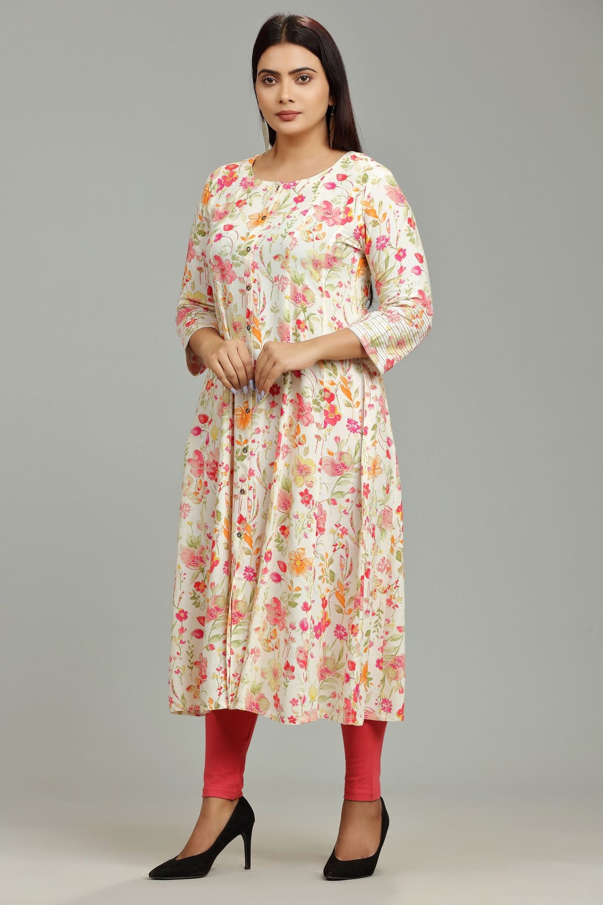 Lata Off White & Orange Rayon A-Line Kurta