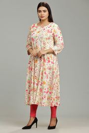 Lata Off White & Orange Rayon A-Line Kurta