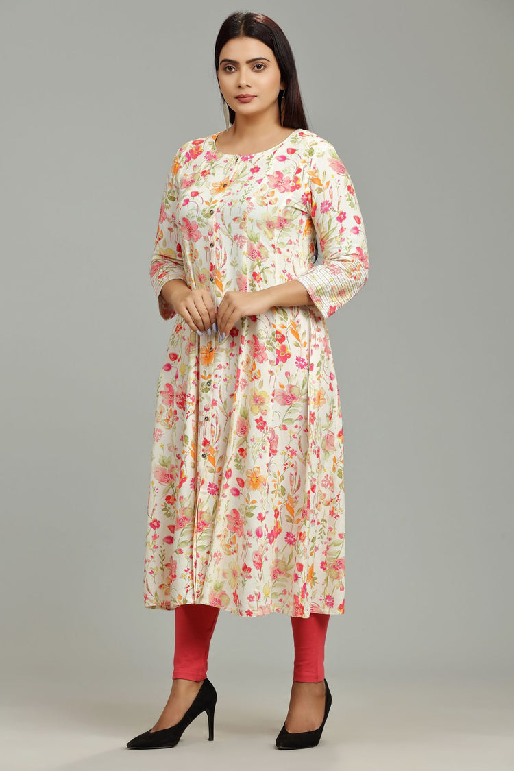 Lata Off White & Orange Rayon A-Line Kurta