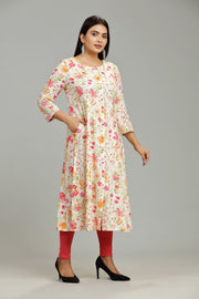 Lata Off White & Orange Rayon A-Line Kurta