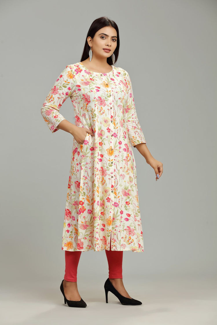 Lata Off White & Orange Rayon A-Line Kurta