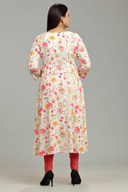 Lata Off White & Orange Rayon A-Line Kurta