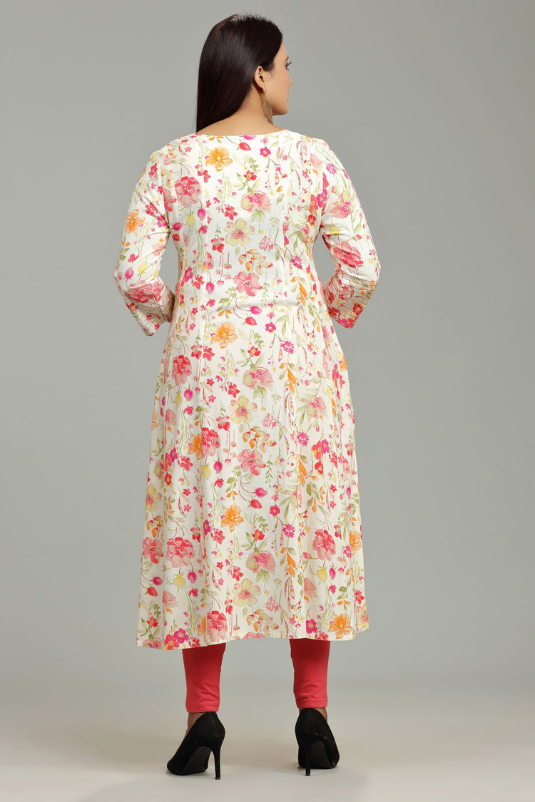 Lata Off White & Orange Rayon A-Line Kurta