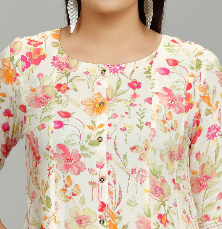 Lata Off White & Orange Rayon A-Line Kurta