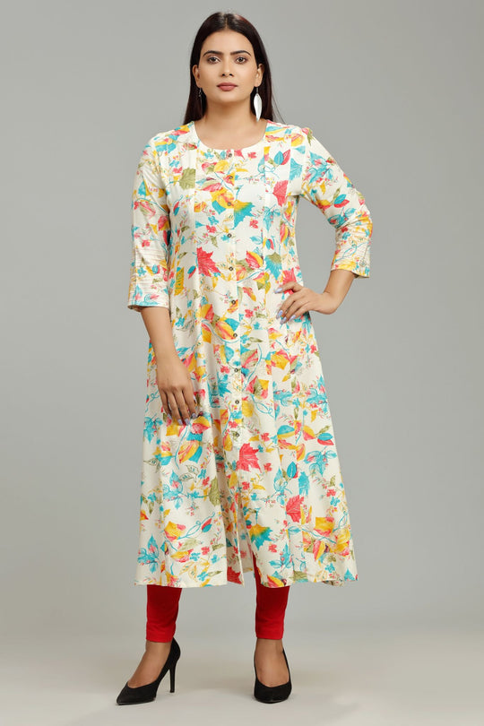 Lata Off White & Teal Rayon A-Line Kurta