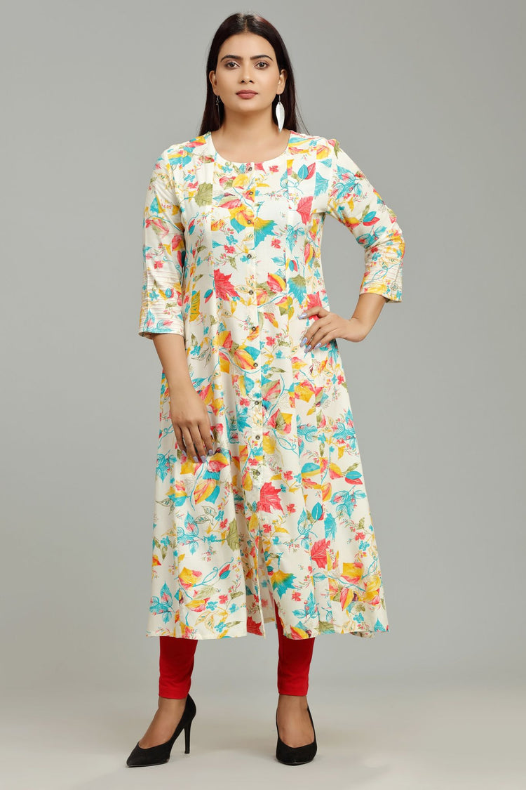 Lata Off White & Teal Rayon A-Line Kurta