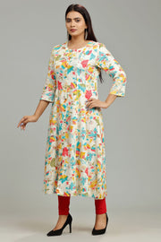 Lata Off White & Teal Rayon A-Line Kurta