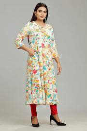 Lata Off White & Teal Rayon A-Line Kurta