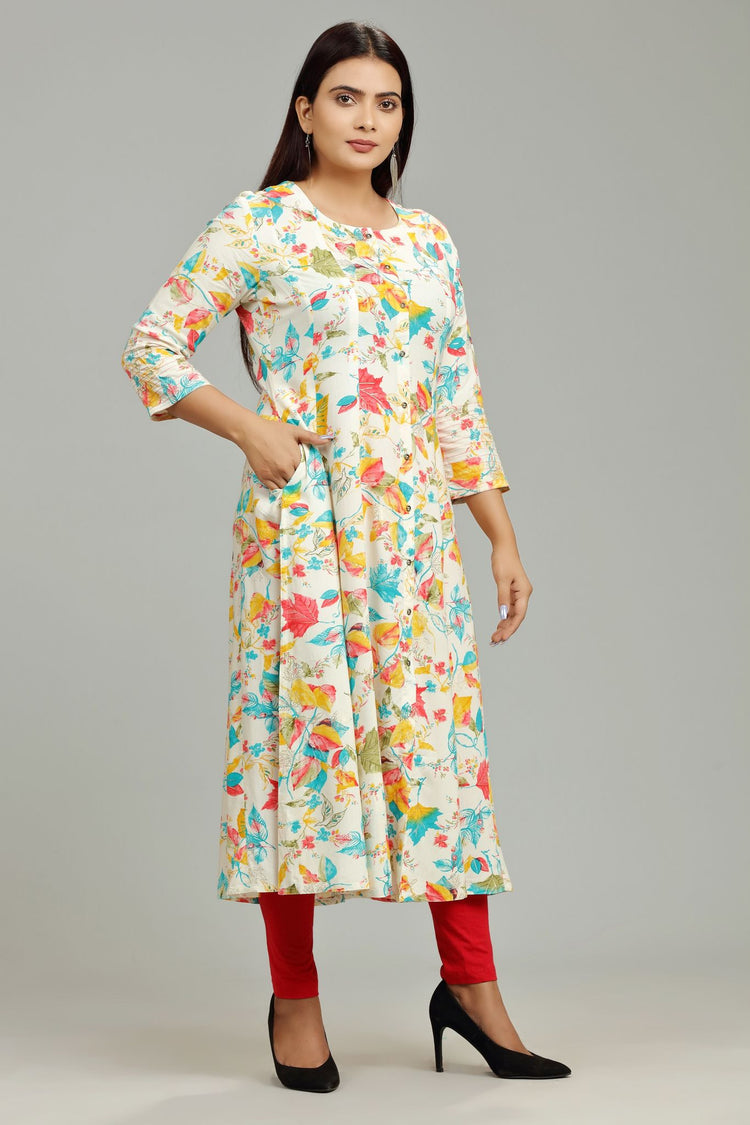 Lata Off White & Teal Rayon A-Line Kurta