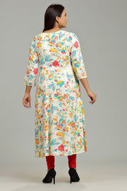 Lata Off White & Teal Rayon A-Line Kurta
