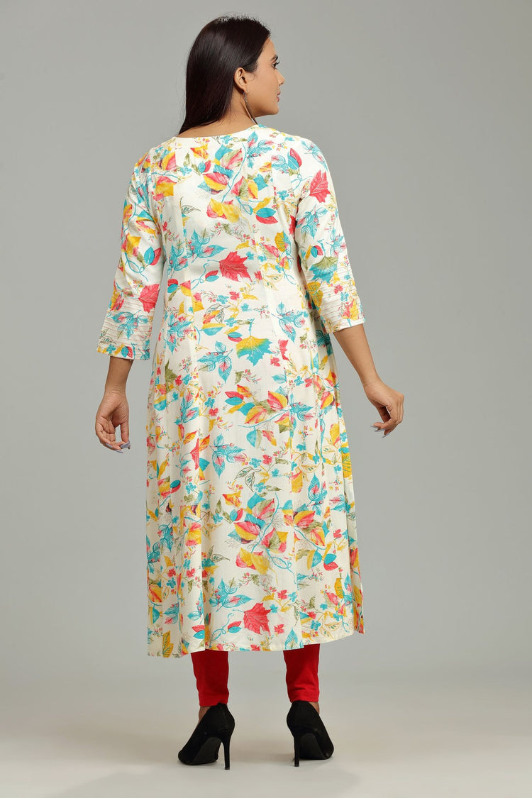 Lata Off White & Teal Rayon A-Line Kurta