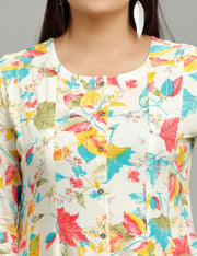 Lata Off White & Teal Rayon A-Line Kurta