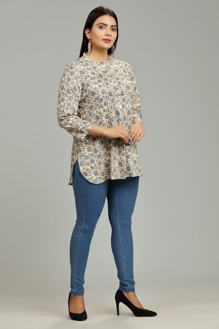 Lekisha Beige & Navy Blue Rayon Short Kurti