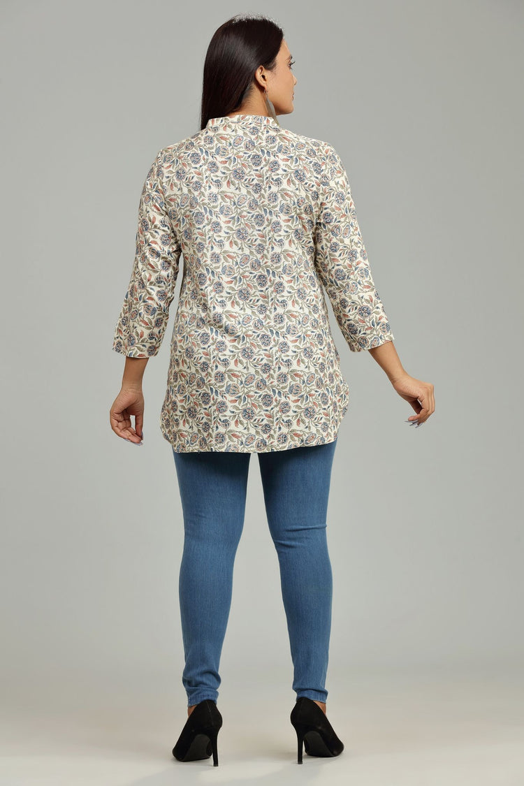 Lekisha Beige & Navy Blue Rayon Short Kurti