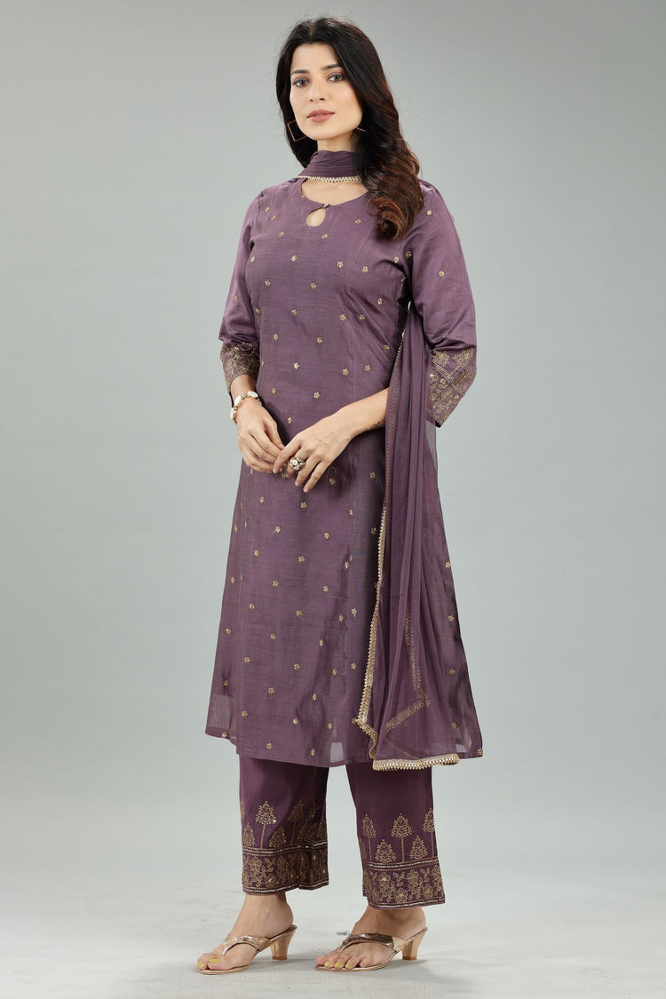 Lipika Purple Cotton Chanderi Embroidered Suit Set