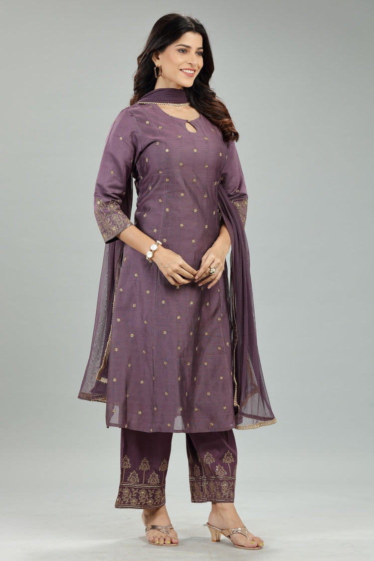 Lipika Purple Cotton Chanderi Embroidered Suit Set