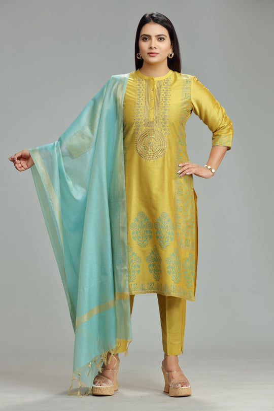 Lokita Mustard Cotton Silk Embroidered Suit Set