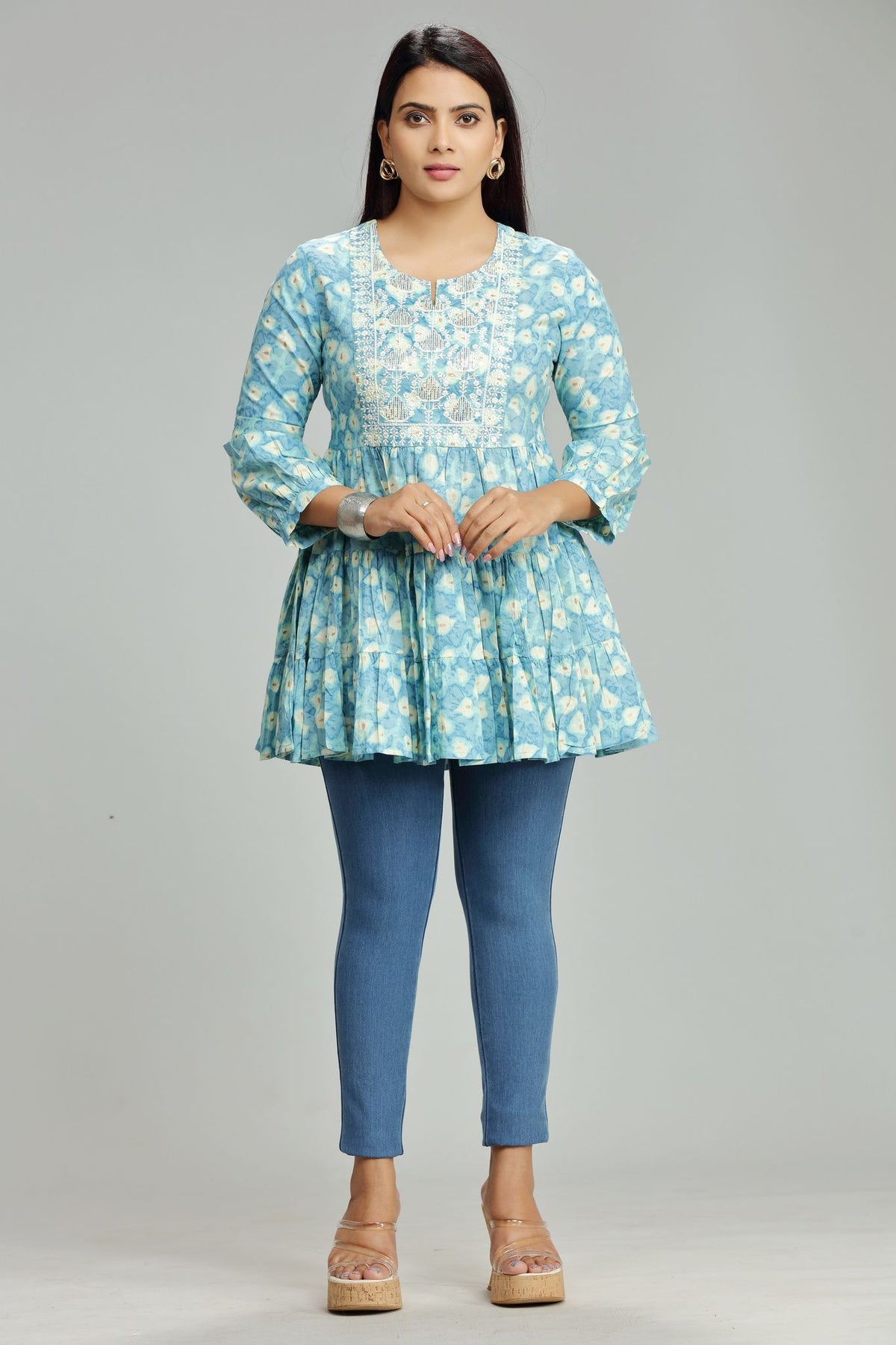Madhu Light Blue Cotton Embroidered Short Kurti