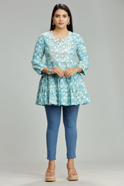 Madhu Light Blue Cotton Embroidered Short Kurti