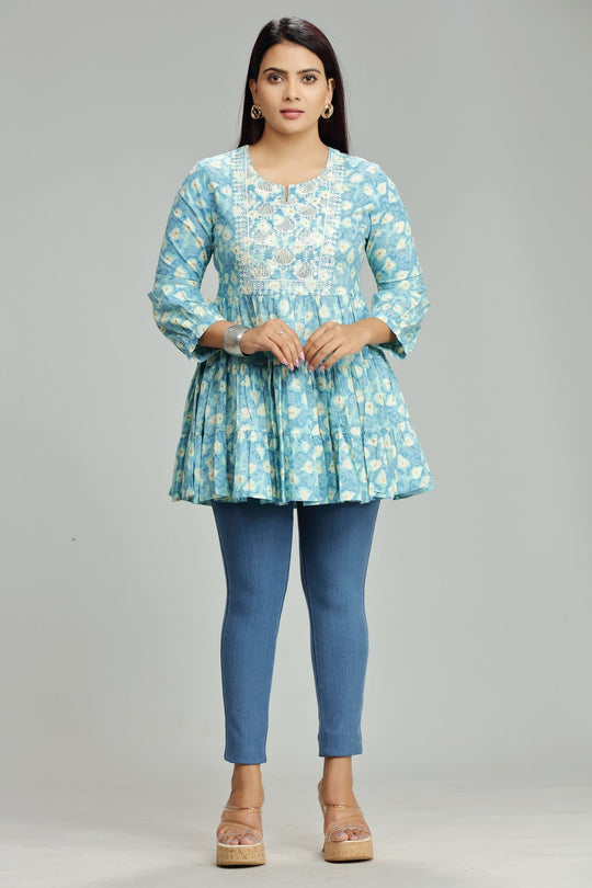 Madhu Light Blue Cotton Embroidered Short Kurti