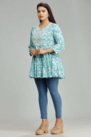 Madhu Light Blue Cotton Embroidered Short Kurti