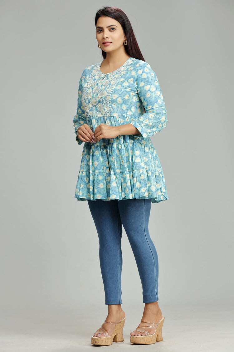 Madhu Light Blue Cotton Embroidered Short Kurti