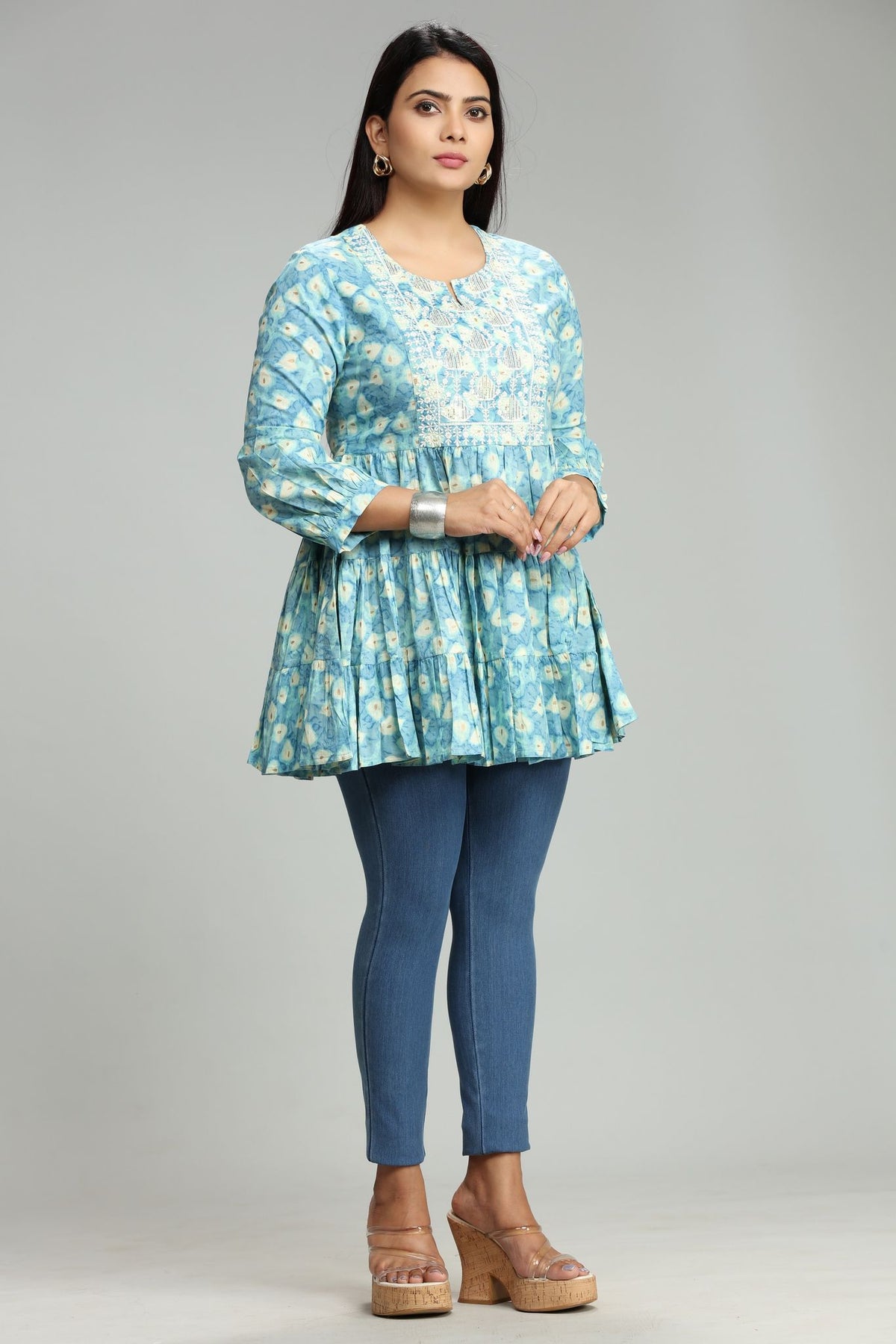 Madhu Light Blue Cotton Embroidered Short Kurti