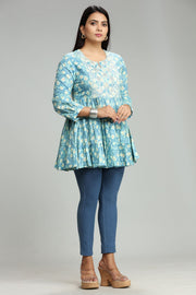Madhu Light Blue Cotton Embroidered Short Kurti