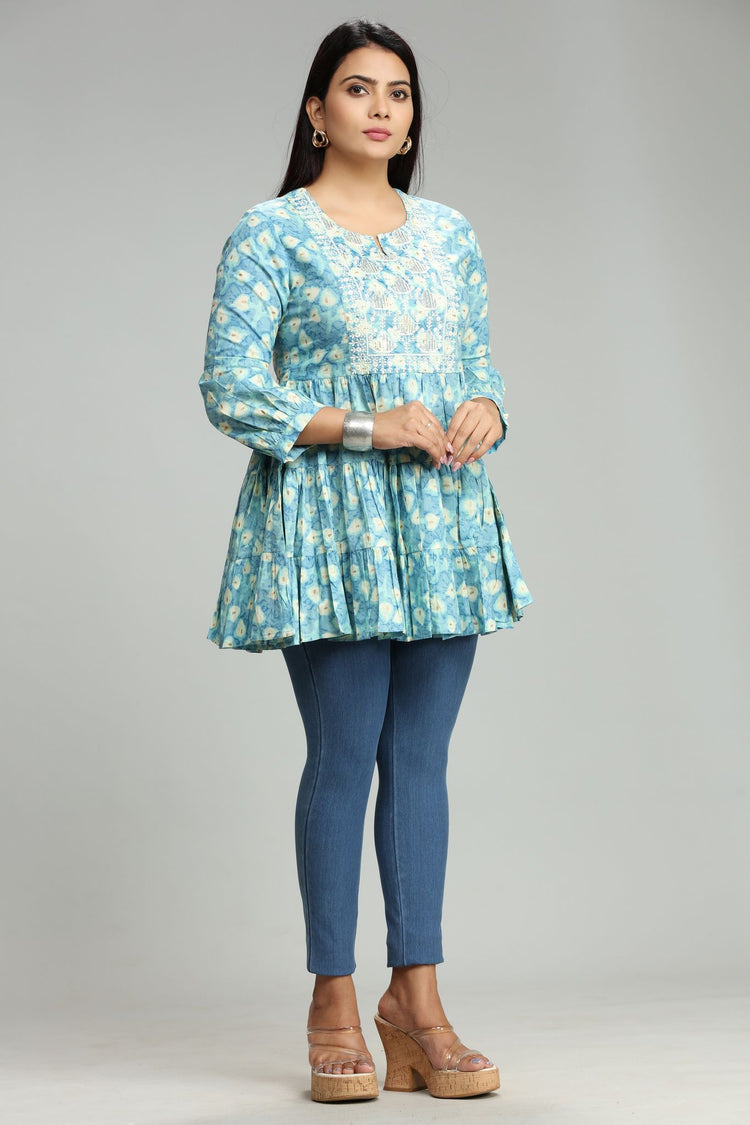 Madhu Light Blue Cotton Embroidered Short Kurti