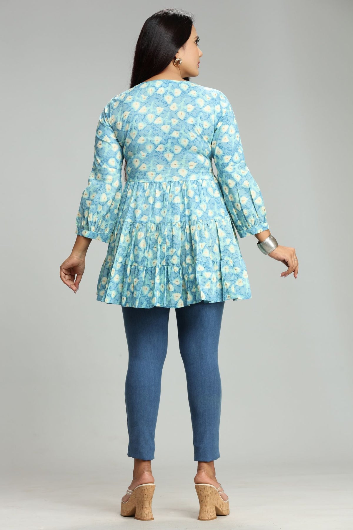 Madhu Light Blue Cotton Embroidered Short Kurti