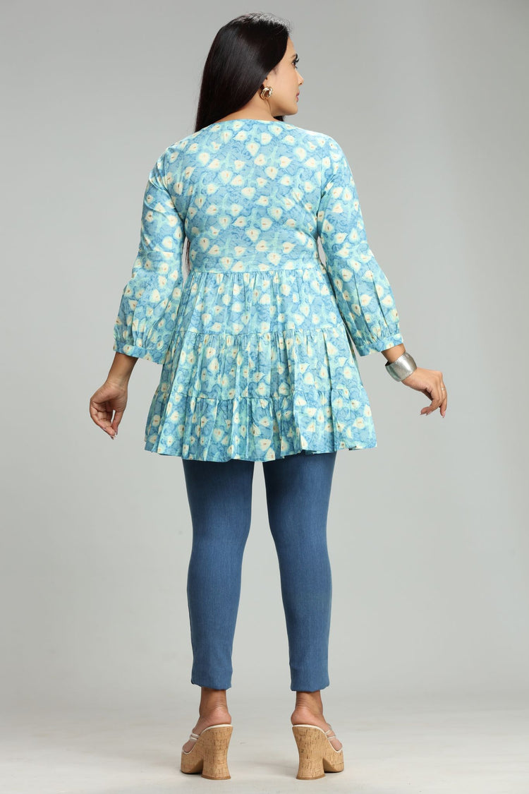 Madhu Light Blue Cotton Embroidered Short Kurti