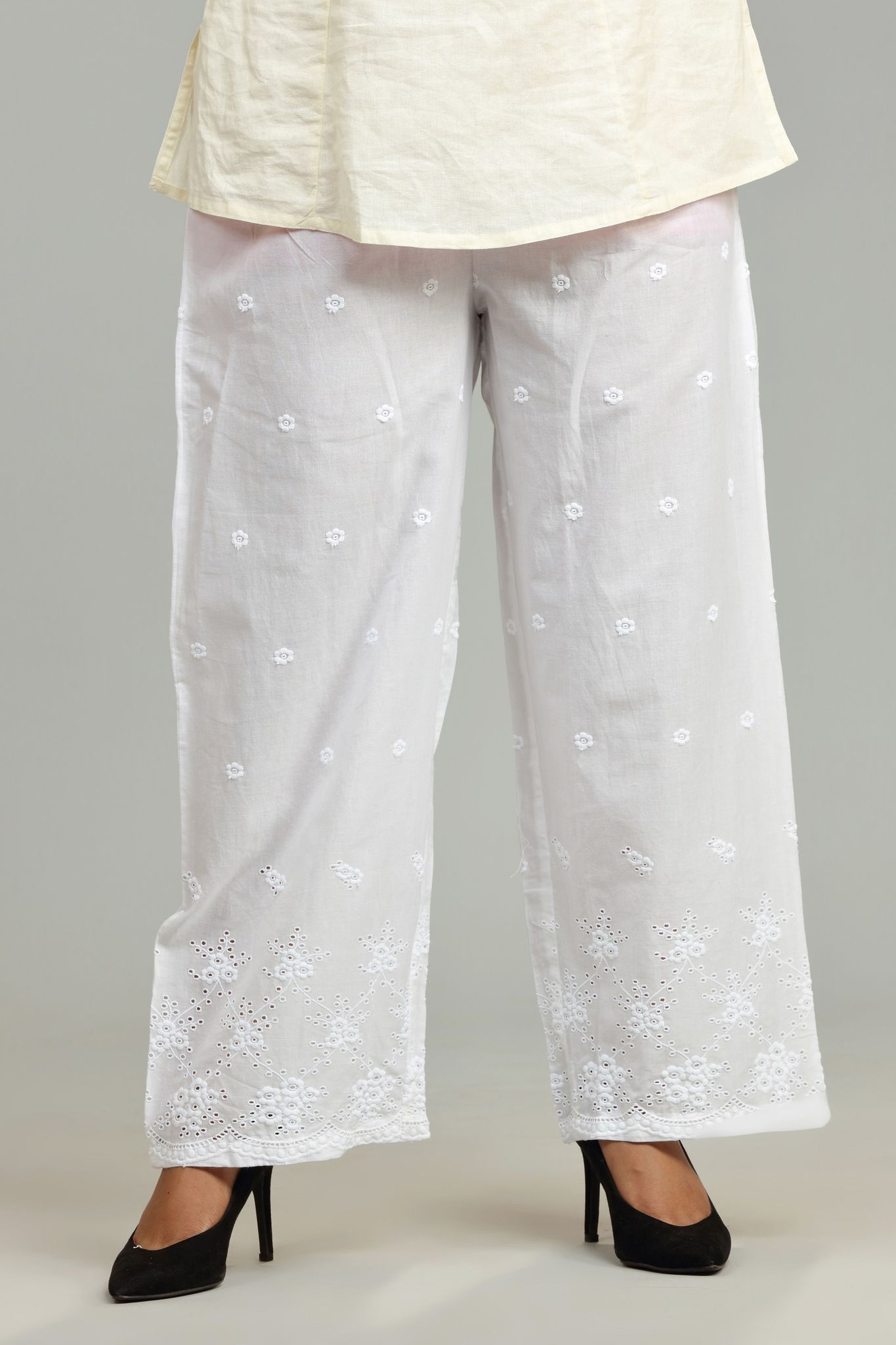 White Cotton Embroidered Palazzos – Cotton Culture