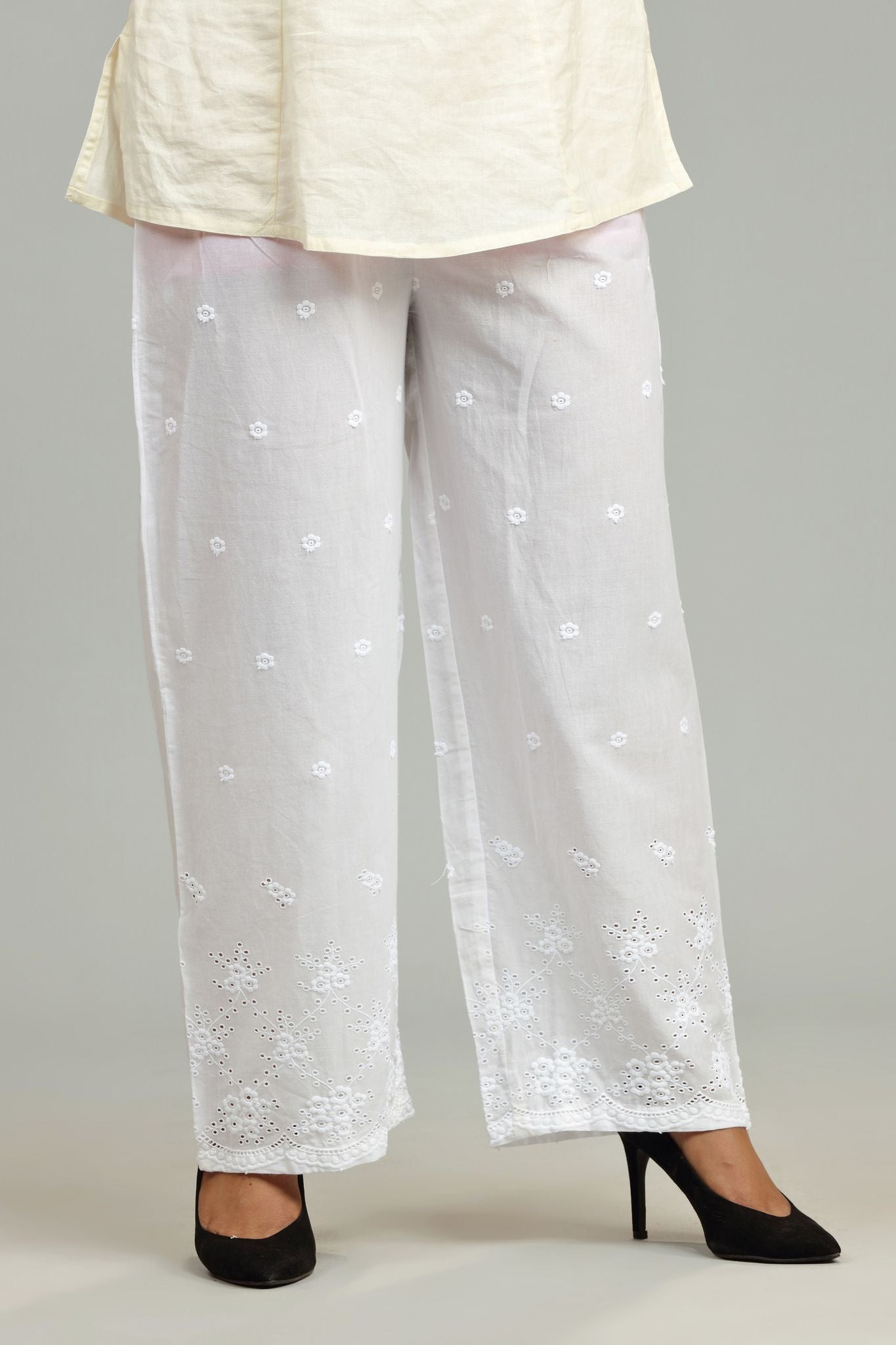 White Cotton Embroidered Palazzos – Cotton Culture