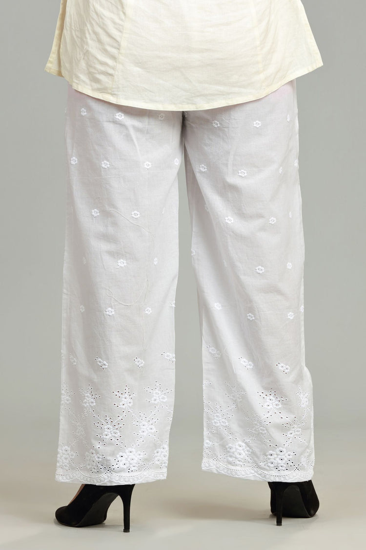White Cotton Embroidered Palazzos