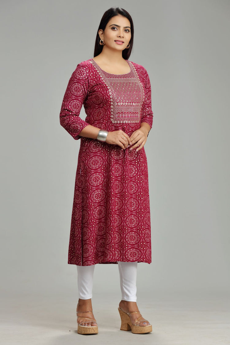 Madhulika Purple Rayon Embroidered  A-Line Kurta
