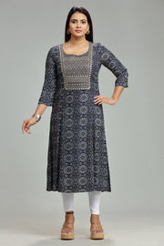 Madhulika Navy Blue Rayon Embroidered A-Line Kurta