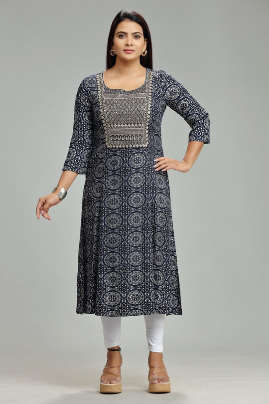 Madhulika Navy Blue Rayon Embroidered A-Line Kurta