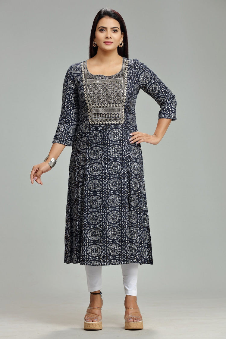 Madhulika Navy Blue Rayon Embroidered A-Line Kurta
