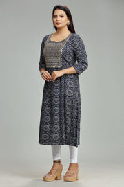 Madhulika Navy Blue Rayon Embroidered A-Line Kurta