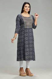 Madhulika Navy Blue Rayon Embroidered A-Line Kurta